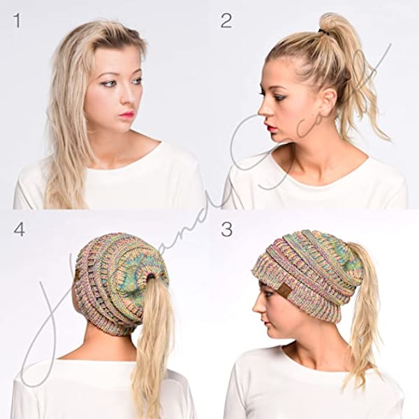 Myk stretchkabel Stickt Messy Bun Hestehale Beanie Vinterlue for