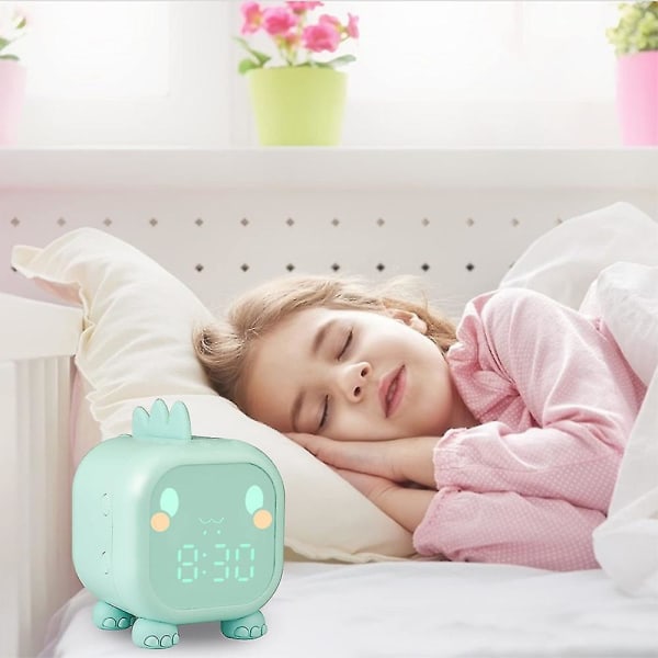 Barnevekkerklokke med nattlys 6 ringetoner blå dinosaur digital vekkerklokke for barn, berøringskontroll og oppladbar søvntrenerklokke for gutter G