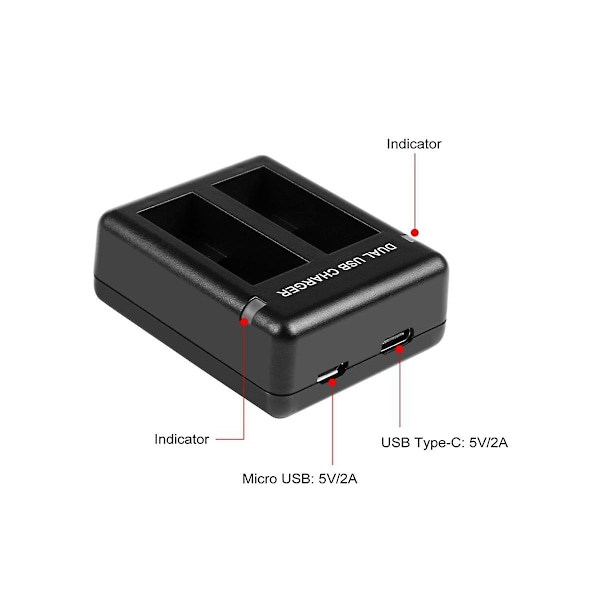 Dobbel Batterilader for Hero11 Black / HERO9 Black / HERO10 USB Dobbel Port Slot Svart Actionkamera