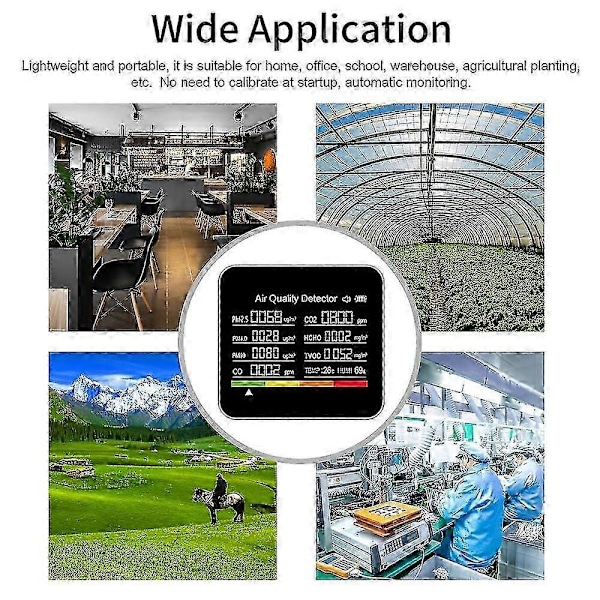 9 i 1 Luftkvalitetsmåler CO2-måler Kuldioxiddetektor CO2 CO TVOC HCHO PM2.5 PM1.0 PM10 Tempe 2024THO[CH]