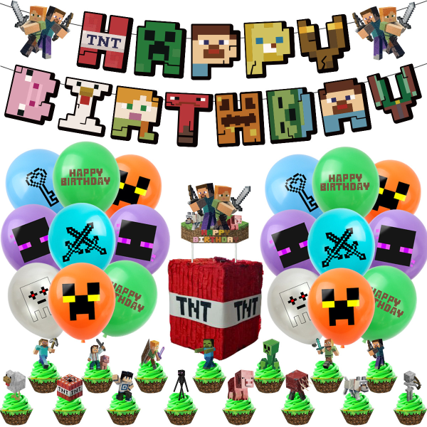 38-osainen Minecraft-syntymäpäiväjuhlasetti, koristelusetti, syntymäpäiväkoristeet, onnea syntymäpäivää, setti