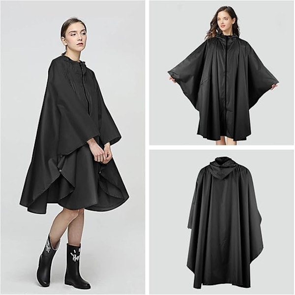 Regnkappa för kvinnor, lång regnponcho, vattentäta regnkläder, regnjacka, vindtätt regnskydd, regnrock, regnskyddskläder med ficka black