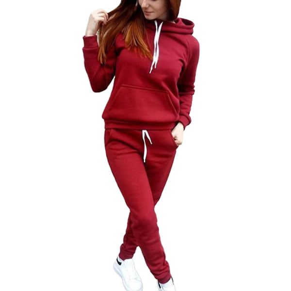 Damesportstræningsdragt Sweatshirt Hættetrøjer + bukser med snoretræk 2 stk/ sæt Rød M