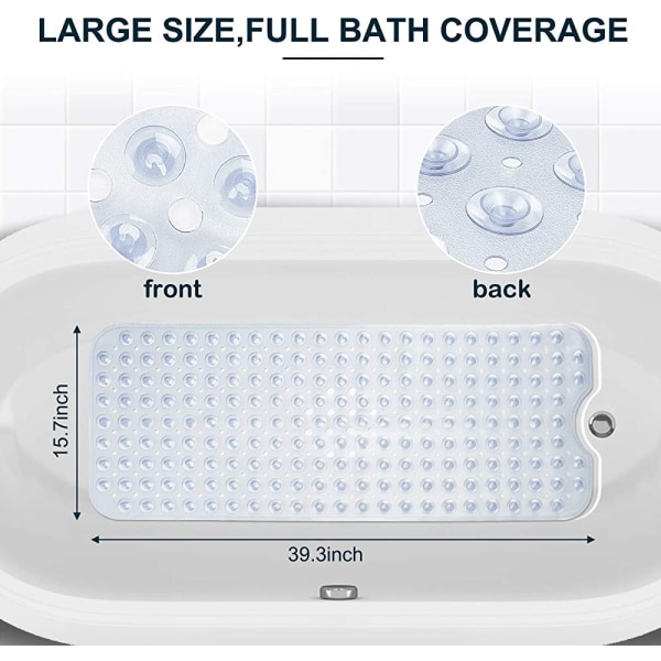 Bathtub Mat, Extra Long Non-Slip Bath Mat with 200 Suction Cup Bathtub Non-Slip Machine Washable Bath Bath Mat for Bathtubs (100 x 40 cm, White)