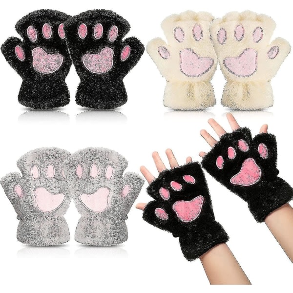 Kattepotehandsker 3 par Kawaii handsker Kattepoter Cosplay imiteret pels Plys kattehandsker Lion Paws Fingerløse handsker til piger Kvinder