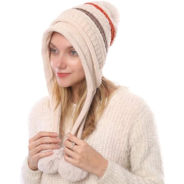 Stickad mössa med Pom Pom öronlapp vinter för kvinner