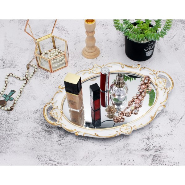 14,5 x 10 tommers dekorativt speilbrett, sminkeopplegg, smykkeopplegg, serveringsbrett, oval antikk hvit