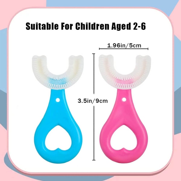 2 kpl lasten hammasharjoja, U-muotoinen hammasharja 360°:n ympärillä puhdistava silikonihammasharja 2-6-vuotiaille lapsille (sininen ja vaaleanpunainen)