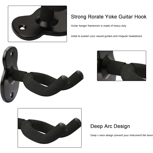 2-pack gitarrhållare Väggfäste gitarrhängare, gitarrväggmonterade displayfästekrokar för elgitarr, klassisk akustisk gitarr, bas （svart）