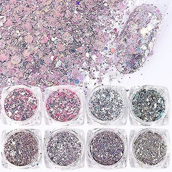 8 lådor/ set holografiska nagelglitter sjöjungfrun pulver flingor glänsande berlocker Hexagon nail art Pigment Damm Dekoration Manikyr