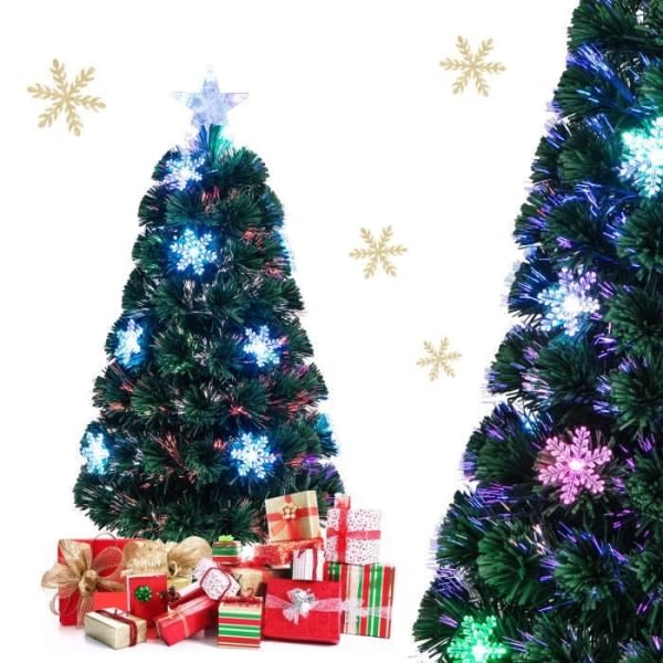 COSTWAY 90cm LED-valo Keinotekoinen joulukuusen kuituoptinen väriä vaihtava valo Star Top Snow -koristeella