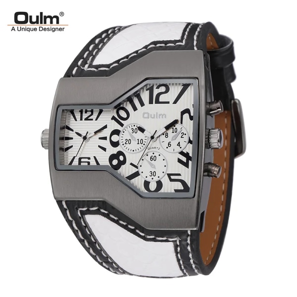 Oulm Klokker Toppmärke Lyx Militär Quartz Watch Unik Multipel Tidszon Läderarmband Herrarmbandsur Relogio Masculino White