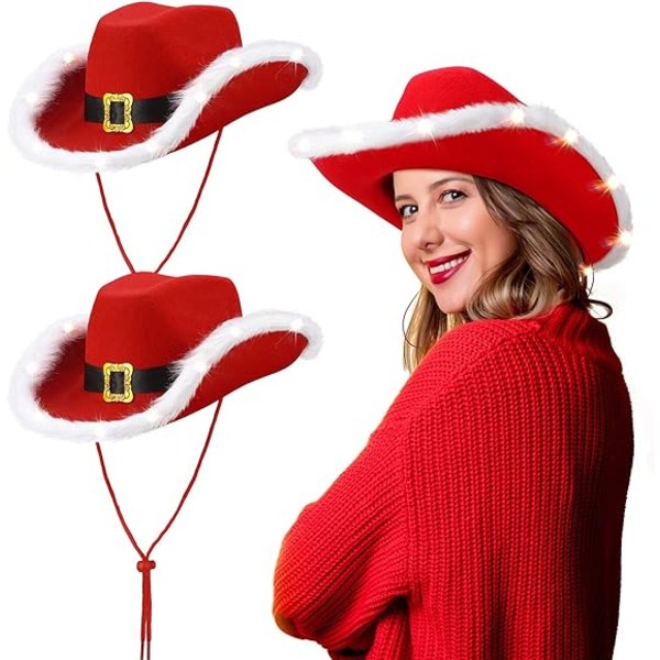 2 kpl LED joulun cowboy-hattu Joulupukin hattu Länsi-hattu Vilkkuva joulupukin hattu Valaiseva joulupukin hattu aikuiselle