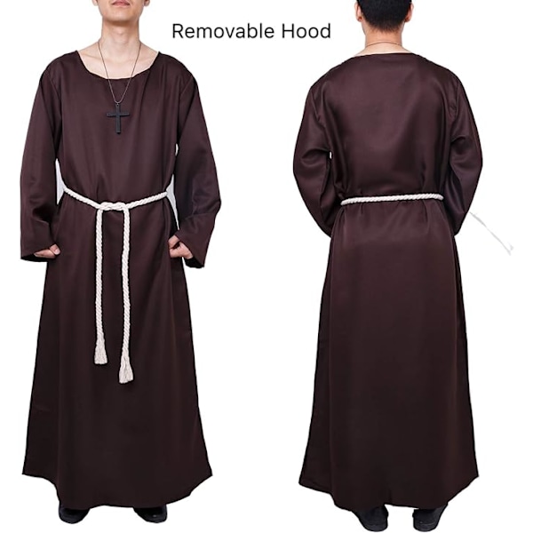 Munk kostume, middelalderligt klostermunk med hætte, renæssance præst, kappe, kostume, Halloween og kostume brown XL