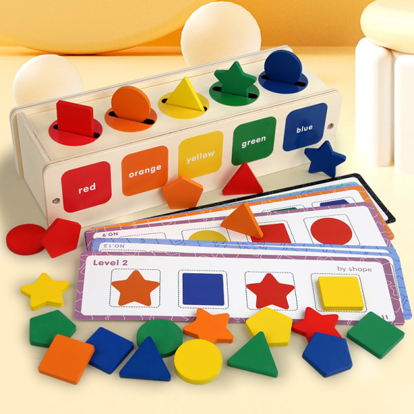 Montessori-leksak, färg- och formsortering av tändsticksask i trä