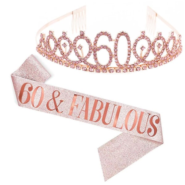 Kvinner glitrende Rhinestone Brev Print Sash Tiara Set for Rose Gold 60 år gammal