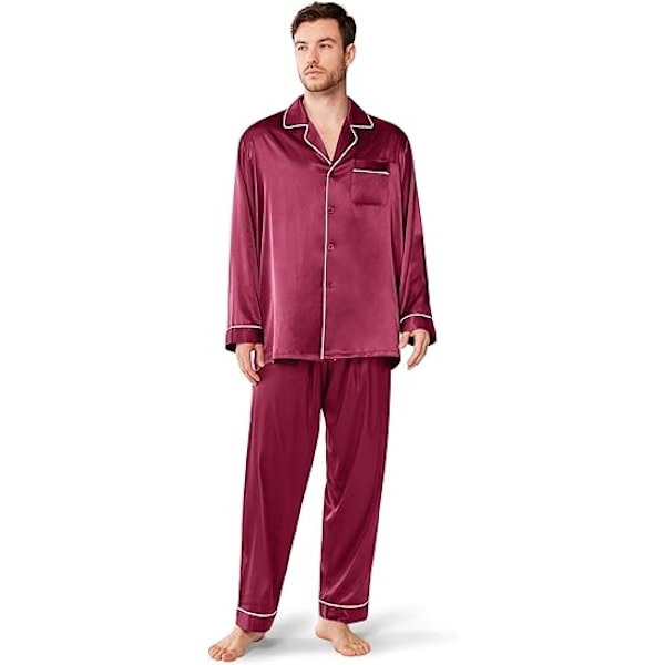 Miesten satiini-pyjamasetti, pitkähihainen PJ-setti napilla ja taskuilla, viininpunainen wine red xxl