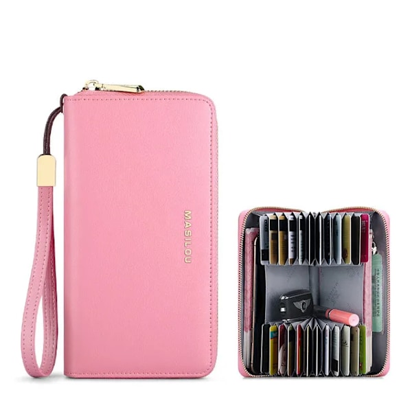 Punge i 100 % ægte læder Clutch til kvinder Lang lynlås Multifunktionel kreditkort ID-kortholder taske Pung RFID-blokerende håndtaske til mænd Pink