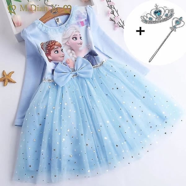 Flickor Prinsessan Elsa Höstklänningar Långärmade Anna Klänningar Barn Födelsedagsfest Balklänning Blå 6T