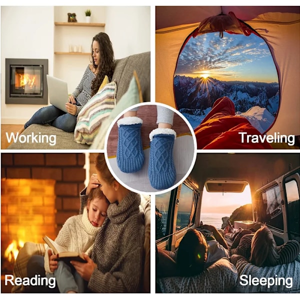 Kvindes strikkede hjemmesko-sokker - Bløde, fuzzy sokker - Anti-slip sokker - Vinter indendørs - Dobbelt lag - Soveværelses sokker - Blå Blue S EU 35-39