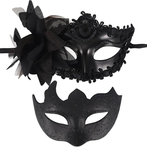 wugongshan 2 st maskeradmasker, svarta damer og herr venetianska festmasker, spetsmaskerad bollmasker