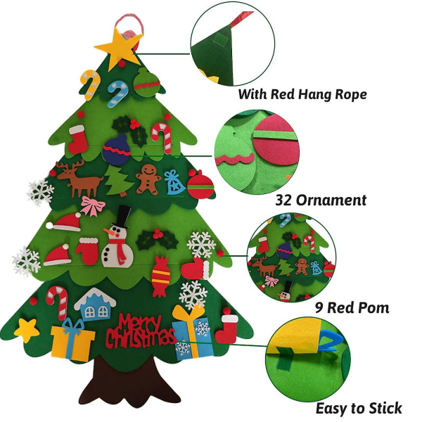 DIY filt juletræ til børn gave, med aftagelige 32 stk ornamenter til jul nytårs dekoration med lys