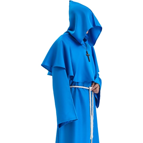 Munkdräkt, medeltida klostermunk med huva, renässanspräst, kappa, dräkt, Halloween och kostym blue M