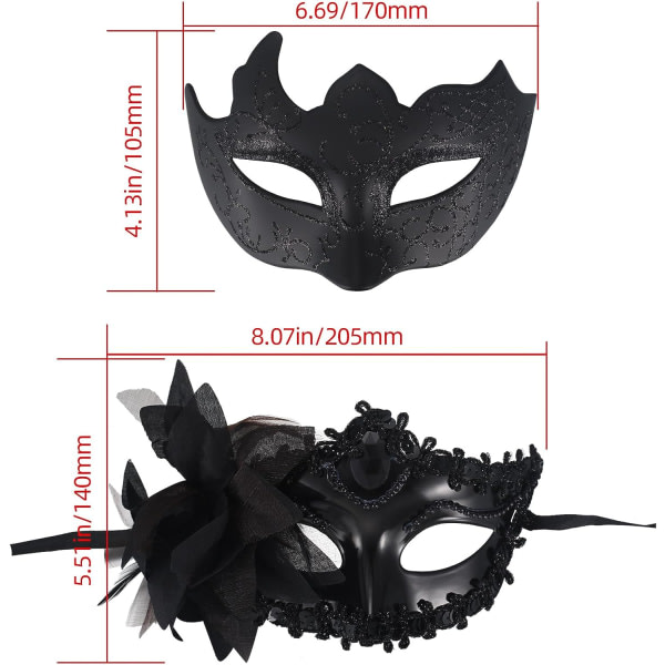 wugongshan 2 st maskeradmasker, svarta damer och herr venetianska festmasker, spetsmaskerad bollmasker