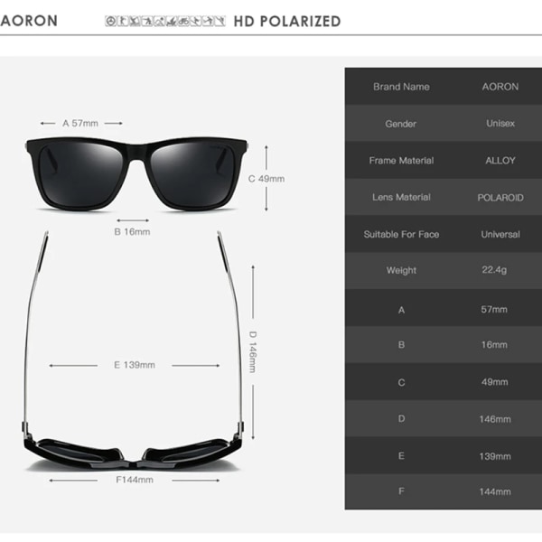 AORON Polariserte Solbriller Herre Klassiske Firkant Solbriller UV400 Speil Aluminium Ben Briller Black Powder