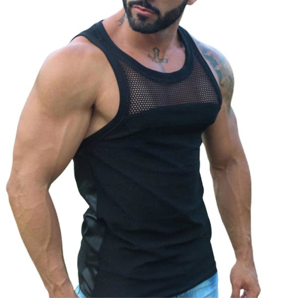 Men's Sleeveless Mesh Summer Sports Gym Tank Tops Black 2XL