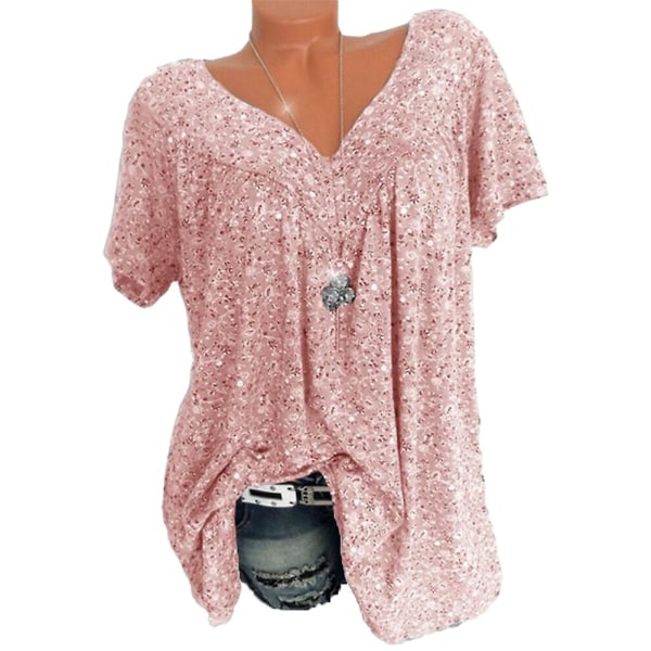 Blomstret kortærmet T-shirt med V-hals til kvinder Sommer afslappet plisseret T-shirt Løs tunika Toppe Bluse Plus Size Pink S