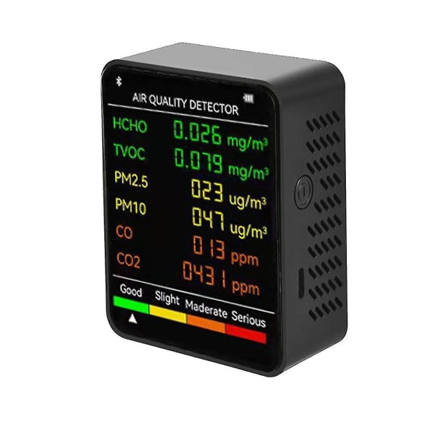6 i 1 Pm2.5 Pm10 Hcho Tvoc Co Co2 multifunksjonell luftkvalitetsdetektor LCD-skjerm Luftkvalitetstester - Hvit--svart