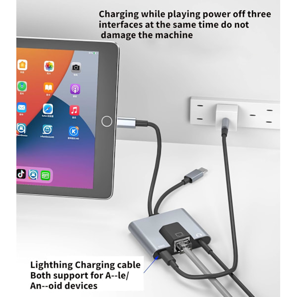 2 i 1 Lightning/Type-C til Ethernet-adapter til -Phone/-Pad 100 Gigabit Ethernet LAN-netværksadapter, (til I-S 12.0 eller højere)