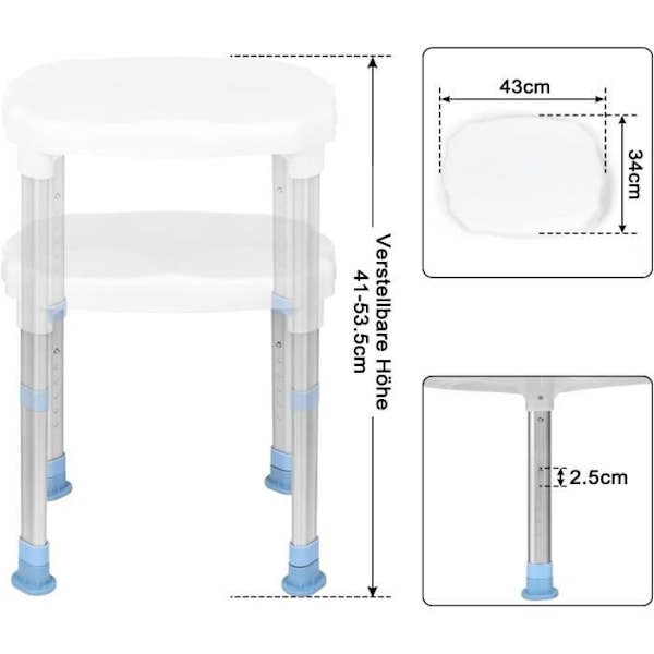 Aufun dusjstol, justerbar dusjkrakk, badestol med opptil 150 kg belastning og sklisikre føtter