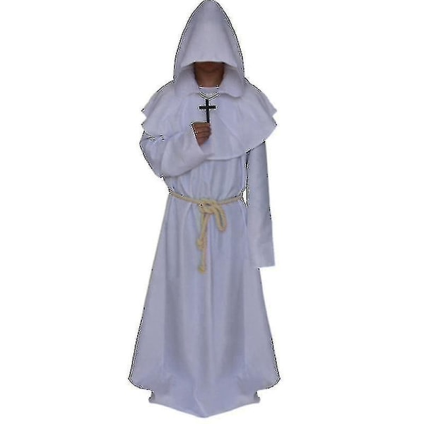 Män Munk Hooded Robe Kappa Cape Friar Medieval Priest Costume_y White L