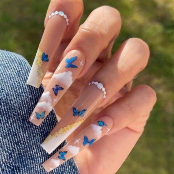 Lange falske negler French Blue Butterfly Clouds Mønster Gl
