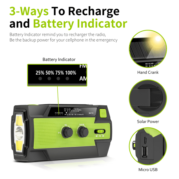 4000mAh vejrradio med solcellelommelygte og powerbank green