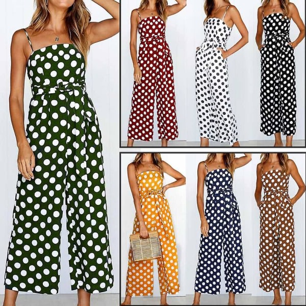 Kvinnors Strappy Holiday Playsuit Dam Jumpsuit Beach Pricktryckt Bred Ben For sommar Ny Gul XL