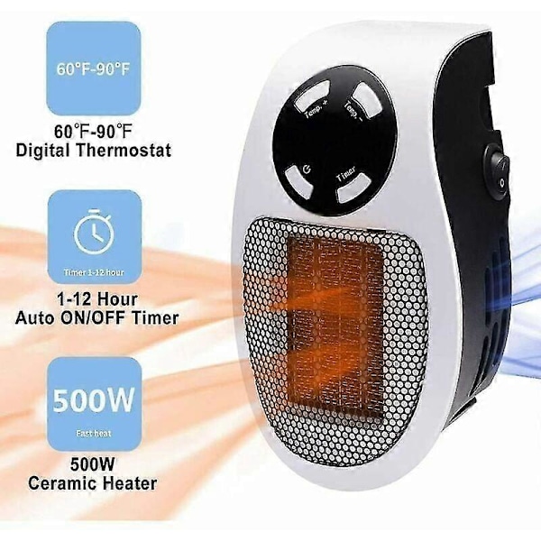 2-pack 500 Watt Keramisk Fläktvärmare Mini Fläktvärmare Kompletterande Uppvärmning Bärbar Vägguttag Värme med Termostat [DB]