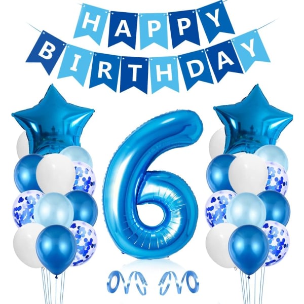 6 års fødselsdagsballon til drenge, blå 6 års fødselsdagspynt