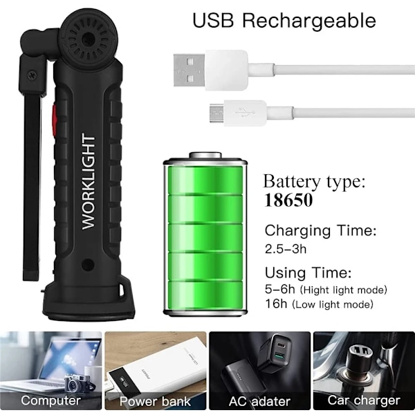 1 stk. USB genopladelig camping LED lommelygte arbejdslampe med magnet og krog