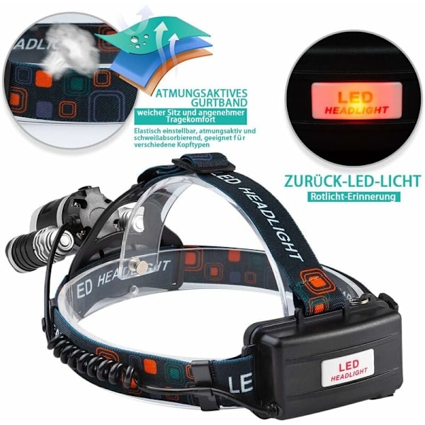 Lades opp LED hodelykt, 5000 lumen løpende hodelykt, superlys T6 LED hodelykt, vanntett hodelykt med 2 batterier, USB ladekabel for