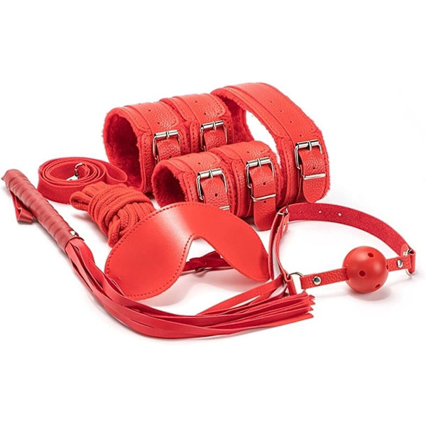 7-delars set läderbondage-kit för vuxna - handbojor/piskor/bollgag/rep/halsband