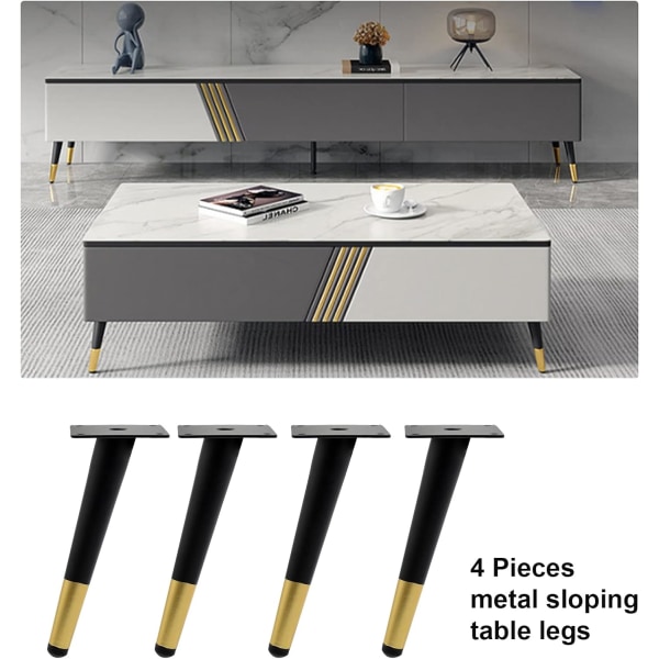4-pak sort guld metallmøbler ben, 20 cm ersättningsben til TV-bænk, underskåp og garderob