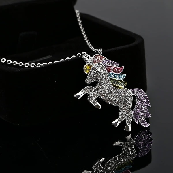 Unicorn Halsband Charm Rainbow Color Supporter Silverkedja med svart sammet
