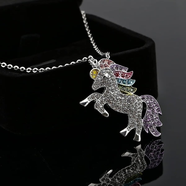 Unicorn Halsband Charm Rainbow Color Supporter Sølvkjede med svart sammet