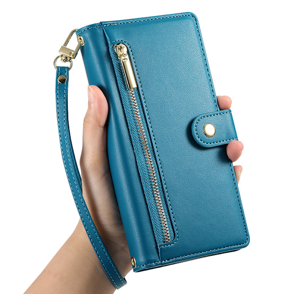 Mobil lommebok for iPhone 16-serien, bærbar lommebok som rommer både mobiltelefon og kort, påvirker ikke korts magnetisme blue iPhone 16 pro max