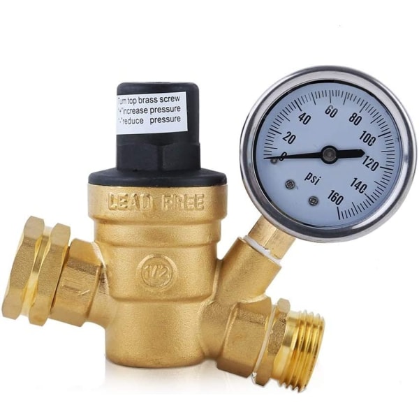 Vandtryksregulatorventil 3/4" NH messing blyfri justerbar vandtryksreducer med måler til autocamper og indløbsskærmet filter