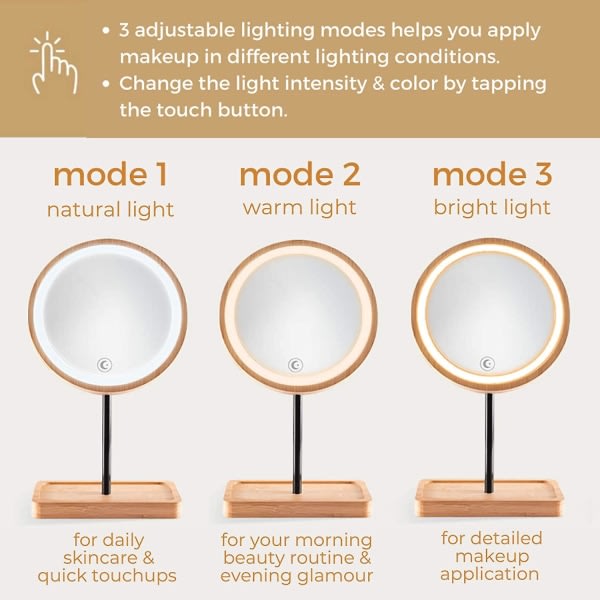 Upplyst LED sminkspegel sminkspegel med 3 färglampor, sladdlöst USB uppladdningsbart batteri, 360 rotation, förvaringsfack för skönhet i bambu, bord