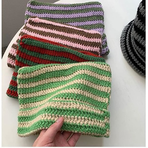 Kattöron Beanie  Randig Virkad Hatt, Djävulstripes Vinter Stickad Beanie Hatt, Fairy Grunge Huvudbonader Tillbehör för Kvinnor Green